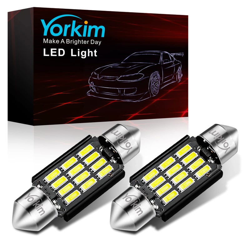 Yorkim لمبة يوركيم 6418 LED، 36 مم LED 6500K بيضاء فائقة السطوع للإضاءة الداخلية 12-SMD 4014 شرائح، لمبة فستون LED 36 مم 37 مم 38 مم، لمبة DE3021 C5W بيضاء، عبوة من 2 - Image 1